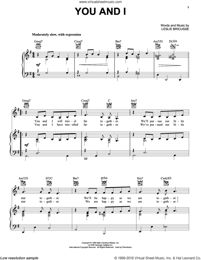 You And I sheet music for voice, piano or guitar by Petula Clark and Leslie Bricusse, intermediate skill level