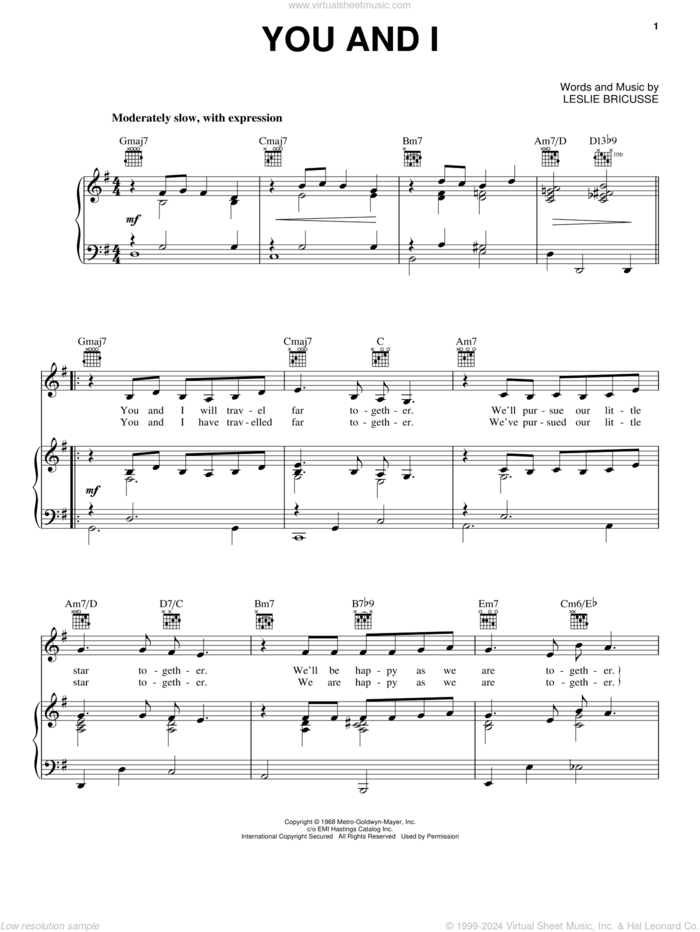 You And I sheet music for voice, piano or guitar by Petula Clark and Leslie Bricusse, intermediate skill level