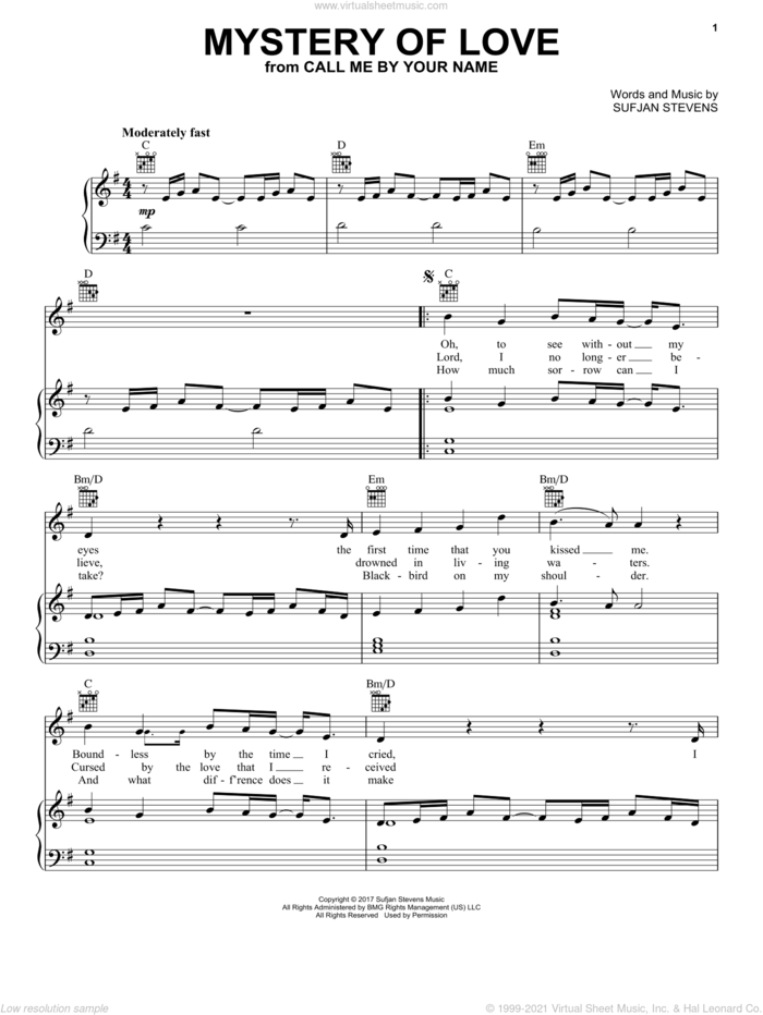 Mystery Of Love sheet music for voice, piano or guitar by Sufjan Stevens, intermediate skill level