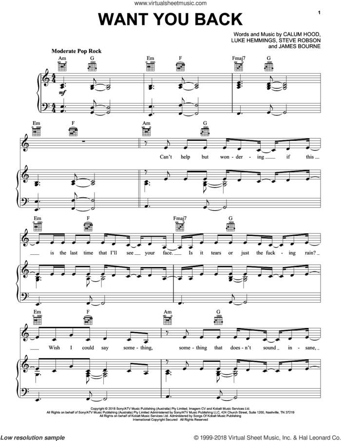 Want You Back sheet music for voice, piano or guitar by 5 Seconds of Summer, Calum Hood, James Bourne, Luke Hemmings and Steve Robson, intermediate skill level