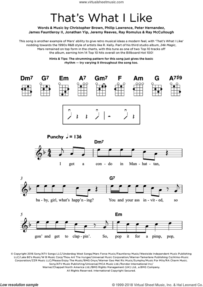 That's What I Like sheet music for ukulele by Bruno Mars, Chris Brown, James Fauntleroy, Jeremy Reeves, Jonathan Yip, Peter Hernandez, Philip Lawrence, Ray McCullough and Ray Romulus, intermediate skill level