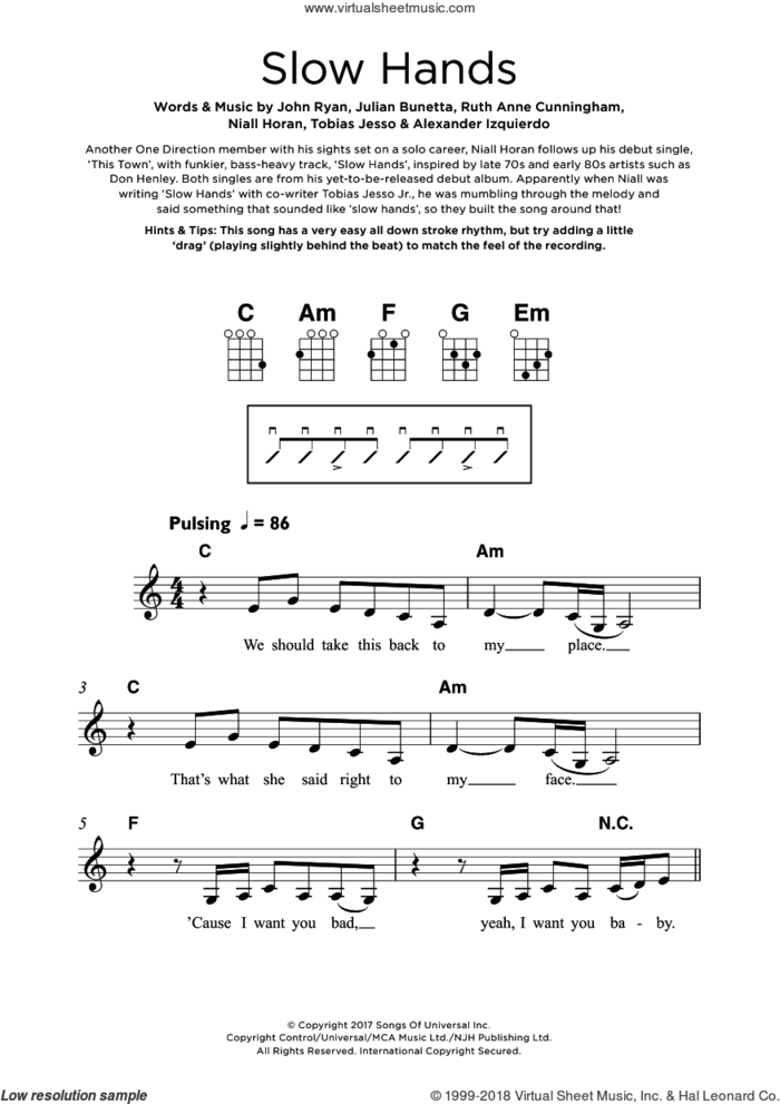 Slow Hands sheet music for ukulele by Niall Horan, Alexander Izquierdo, John Ryan, Julian Bunetta, Ruth Anne Cunningham and Tobias Jesso, intermediate skill level