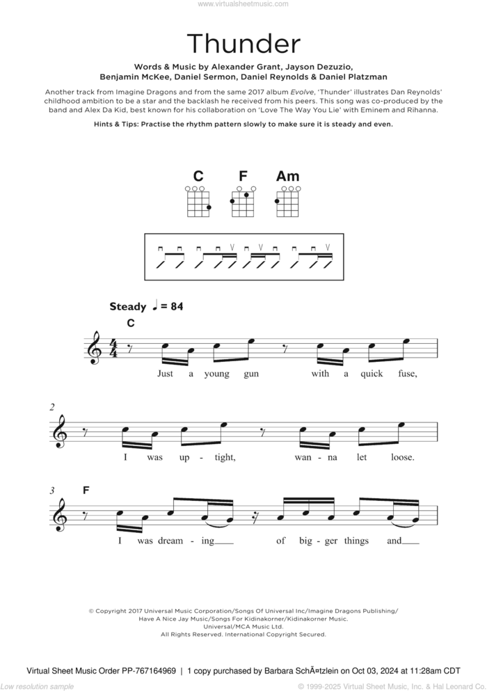 Thunder sheet music for ukulele by Imagine Dragons, Alexander Grant, Benjamin McKee, Daniel Platzman, Daniel Reynolds, Daniel Sermon and Jayson Dezuzio, intermediate skill level