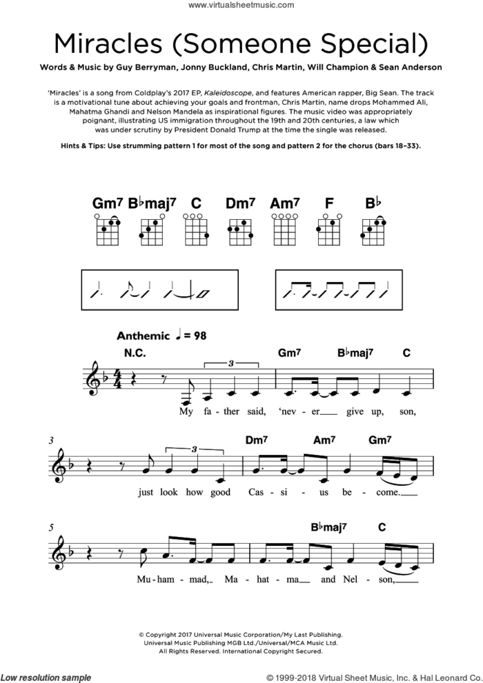 Miracles (Someone Special) (featuring Big Sean) sheet music for ukulele by Coldplay, Big Sean, Chris Martin, Guy Berryman, Jonny Buckland, Sean Anderson and Will Champion, intermediate skill level