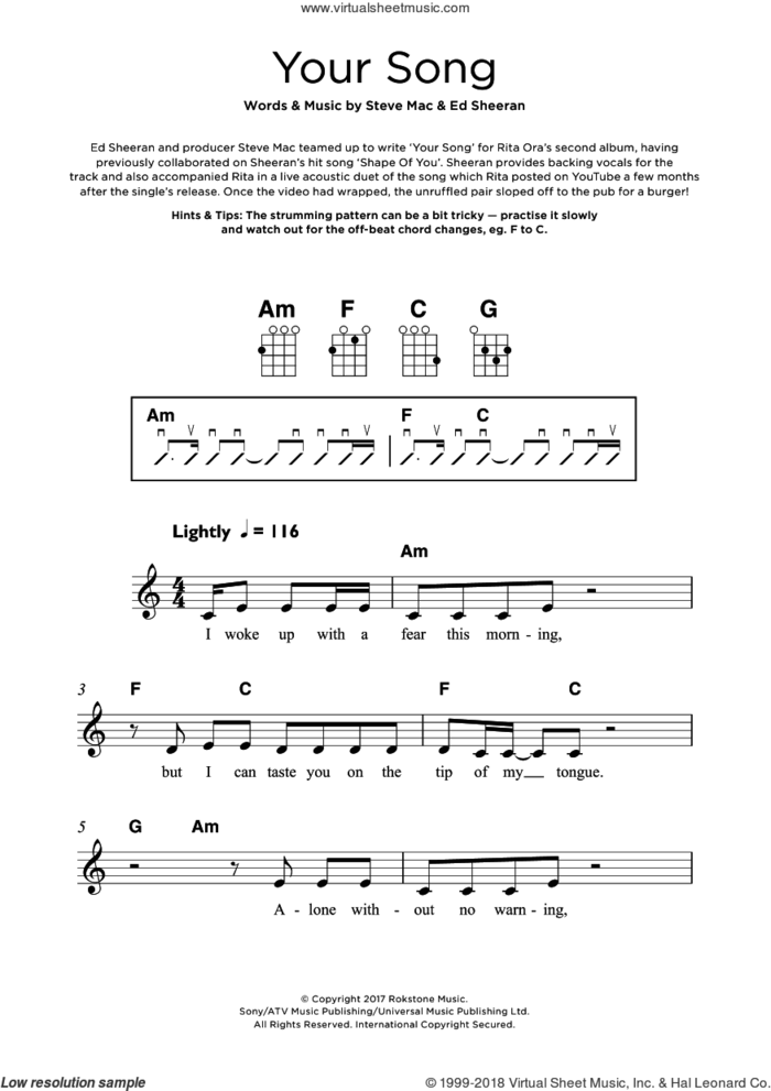 Your Song sheet music for ukulele by Rita Ora, Ed Sheeran and Steve Mac, intermediate skill level