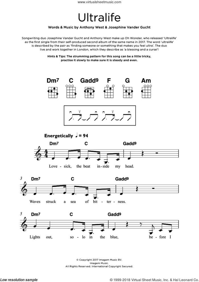 Ultralife sheet music for ukulele by Oh Wonder, Anthony West and Josephine Vander Gucht, intermediate skill level