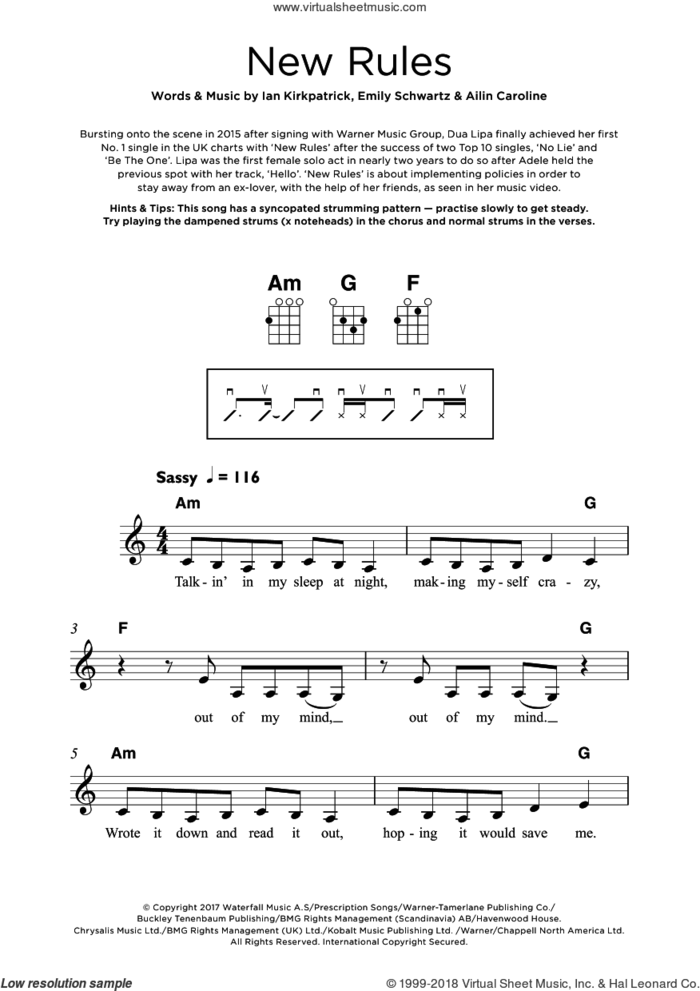 New Rules sheet music for ukulele by Dua Lipa, Ailin Caroline, Emily Schwartz and Ian Kirkpatrick, intermediate skill level