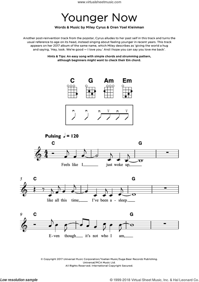 Younger Now sheet music for ukulele by Miley Cyrus and Oren Yoel Kleinman, intermediate skill level