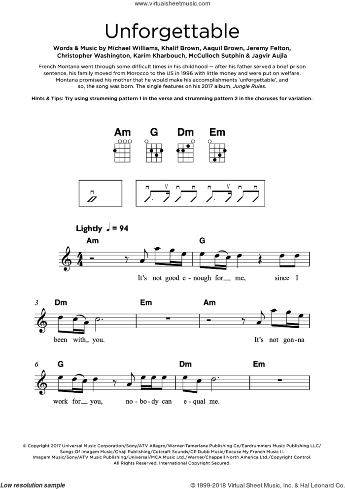 Unforgettable (featuring Swae Lee) sheet music for ukulele by French Montana, Swae Lee, Aaquil Brown, Christopher Washington, Jagvir Aujla, Jeremy Felton, Karim Kharbouch, Khalif Brown, McCulloch Sutphin and Michael Williams, intermediate skill level