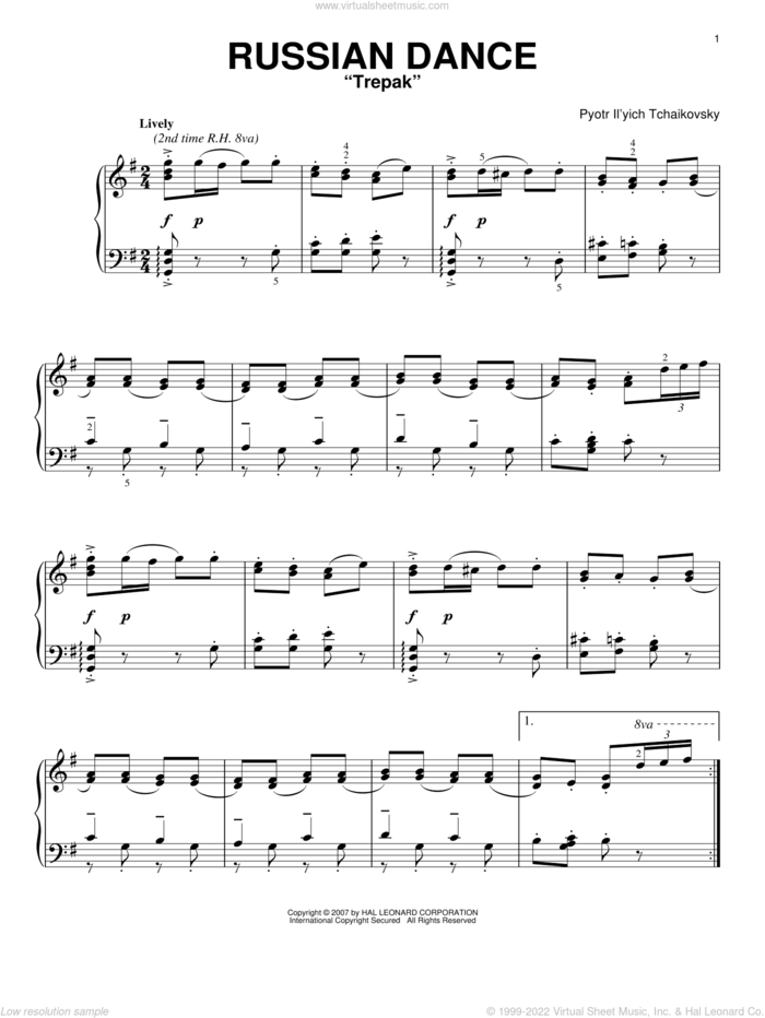 Russian Dance (Trepak) (from The Nutcracker), (intermediate) sheet music for piano solo by Pyotr Ilyich Tchaikovsky and Carol Klose, classical score, intermediate skill level