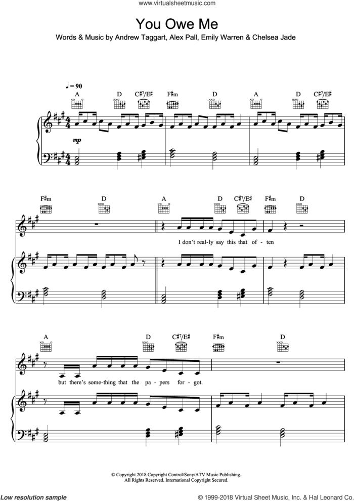 You Owe Me sheet music for voice, piano or guitar by The Chainsmokers, Alex Pall, Andrew Taggart, Chelsea Jade and Emily Warren, intermediate skill level