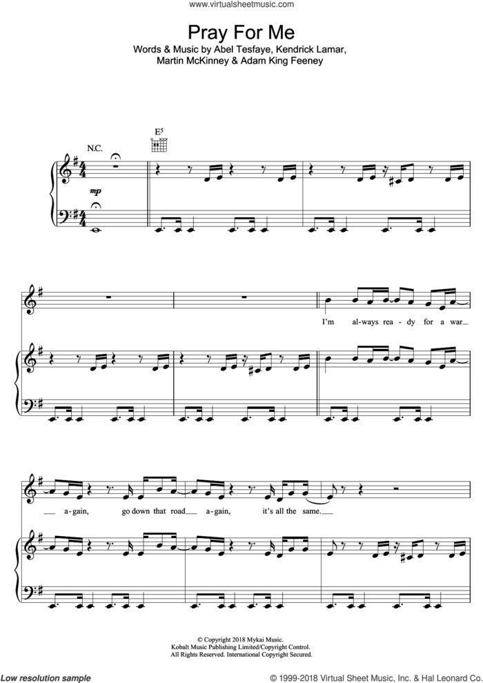 Pray For Me sheet music for voice, piano or guitar by The Weeknd with Kendrick Lamar, Abel Tesfaye, Adam King Feeney, Kendrick Lamar and Martin McKinney, intermediate skill level