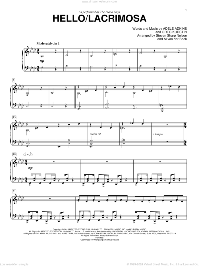 Hello/Lacrimosa sheet music for piano solo by The Piano Guys, Adele, Adele Adkins and Greg Kurstin, intermediate skill level