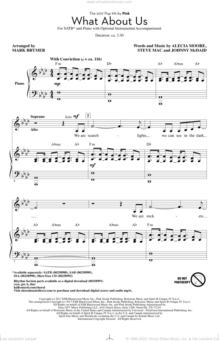 What About Us (arr. Mark Brymer) sheet music for choir (SATB: soprano, alto, tenor, bass) by Steve Mac, Mark Brymer, Miscellaneous, Alecia Moore and Johnny McDaid, intermediate skill level