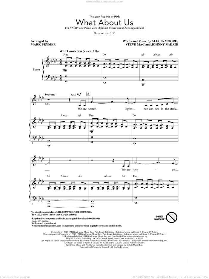 What About Us (arr. Mark Brymer) sheet music for choir (SATB: soprano, alto, tenor, bass) by Steve Mac, Mark Brymer, Miscellaneous, P!nk, Alecia Moore and Johnny McDaid, intermediate skill level