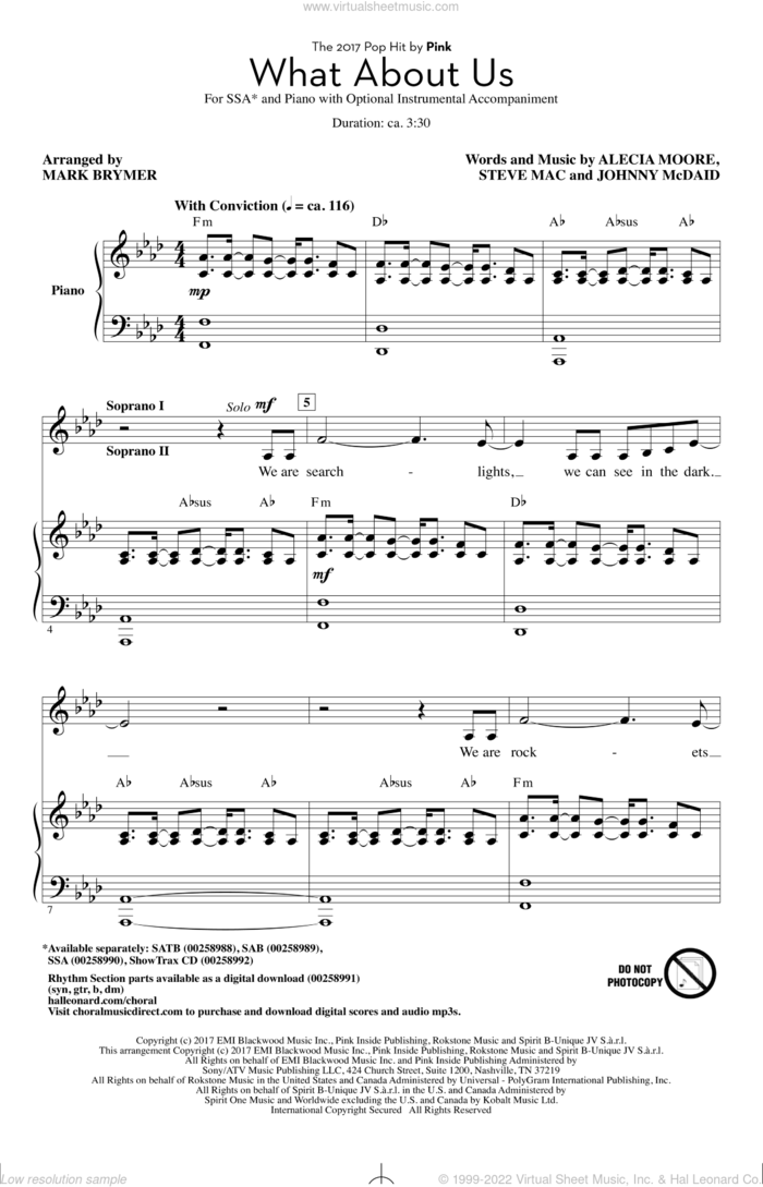 What About Us (arr. Mark Brymer) sheet music for choir (SSA: soprano, alto) by Steve Mac, Mark Brymer, Miscellaneous, Alecia Moore and Johnny McDaid, intermediate skill level
