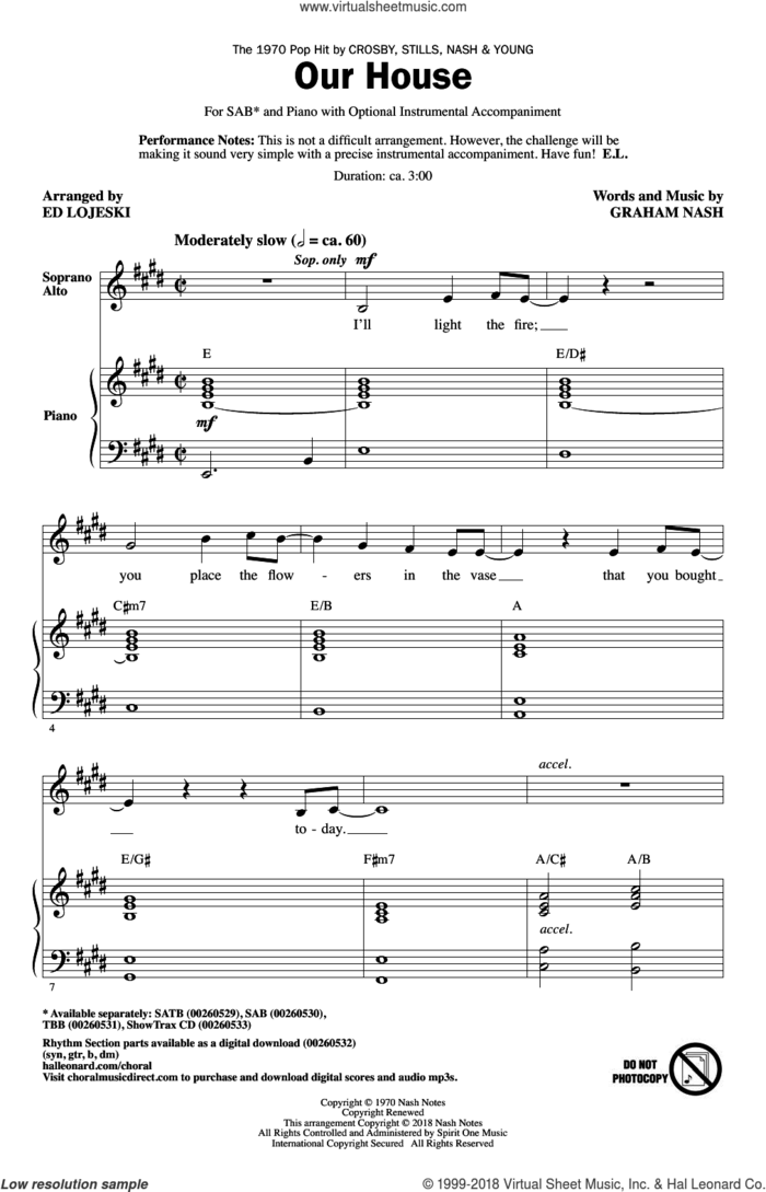 Our House (arr. Ed Lojeski) sheet music for choir (SAB: soprano, alto, bass) by Graham Nash, Ed Lojeski and Crosby, Stills, Nash & Young, intermediate skill level