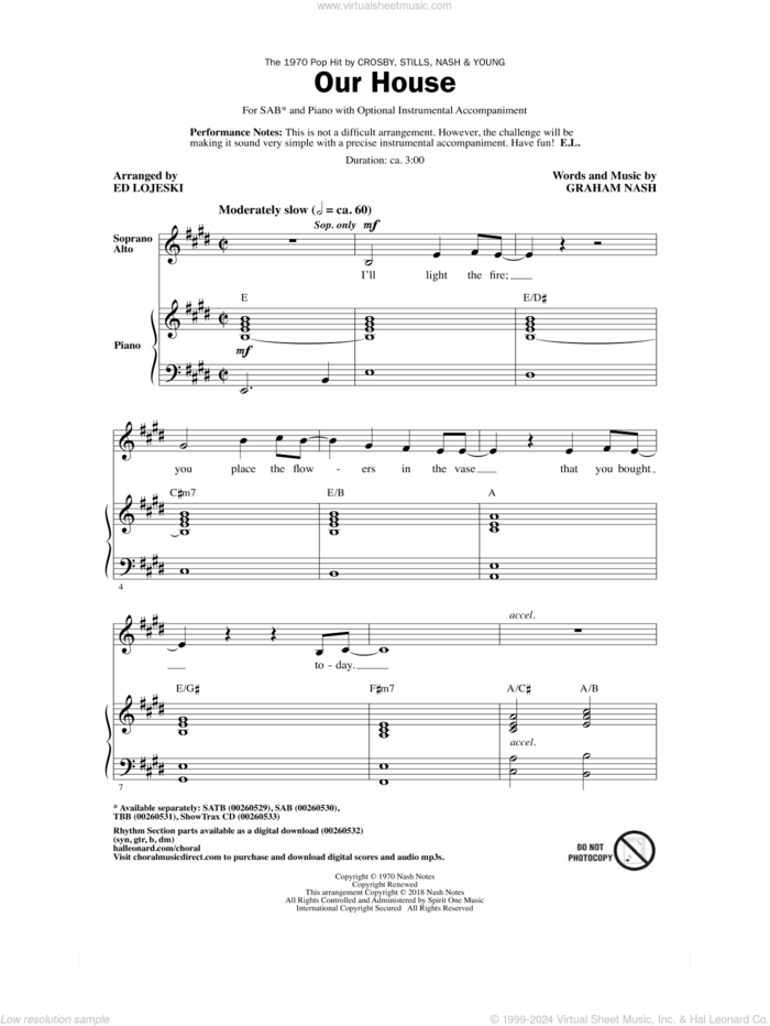 Our House (arr. Ed Lojeski) sheet music for choir (SAB: soprano, alto, bass) by Graham Nash, Ed Lojeski and Crosby, Stills, Nash & Young, intermediate skill level