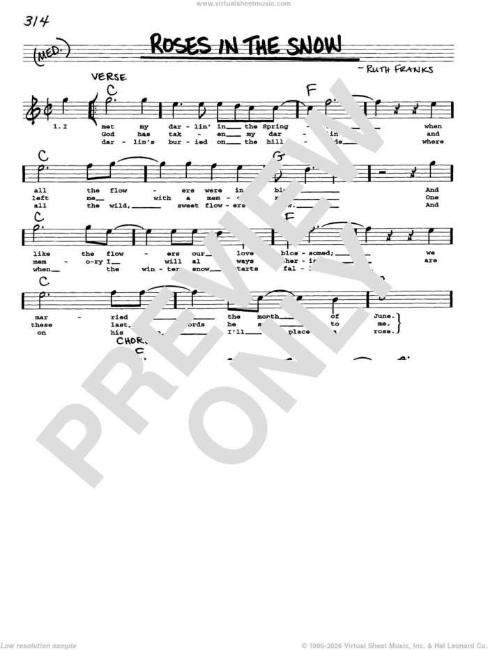 Roses In The Snow sheet music for voice and other instruments (real book with lyrics) by Ruth Franks and Emmylou Harris, intermediate skill level