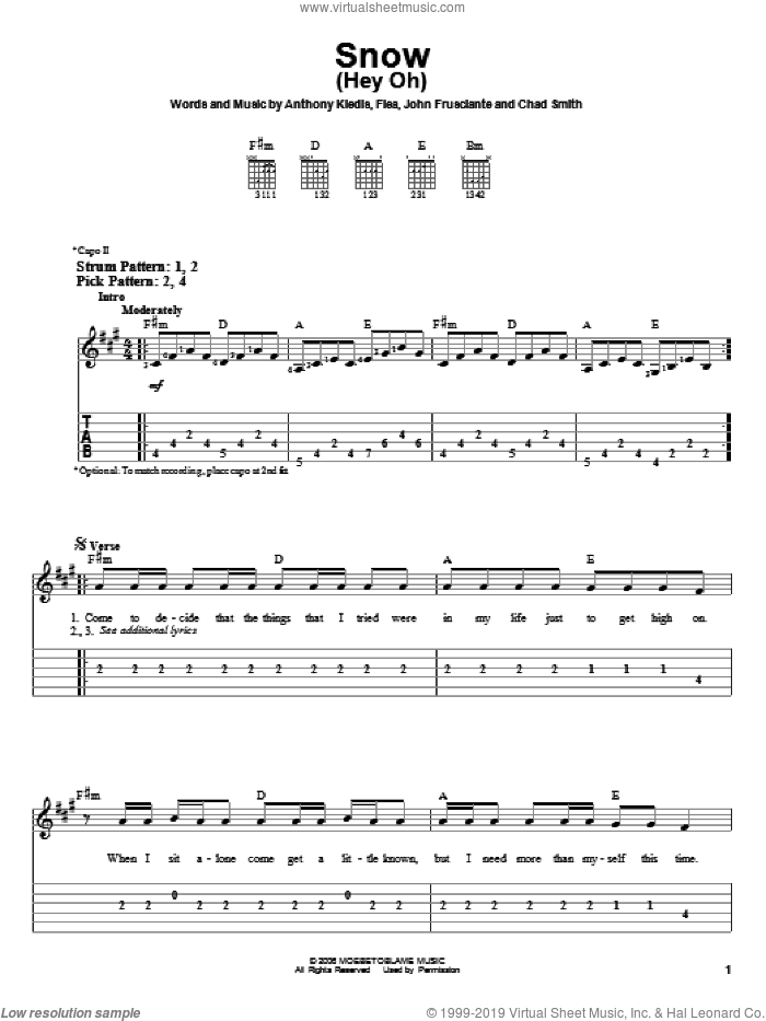 Snow (Hey Oh) sheet music for guitar solo (easy tablature) by Red Hot Chili Peppers, Anthony Kiedis, Chad Smith, Flea and John Frusciante, easy guitar (easy tablature)