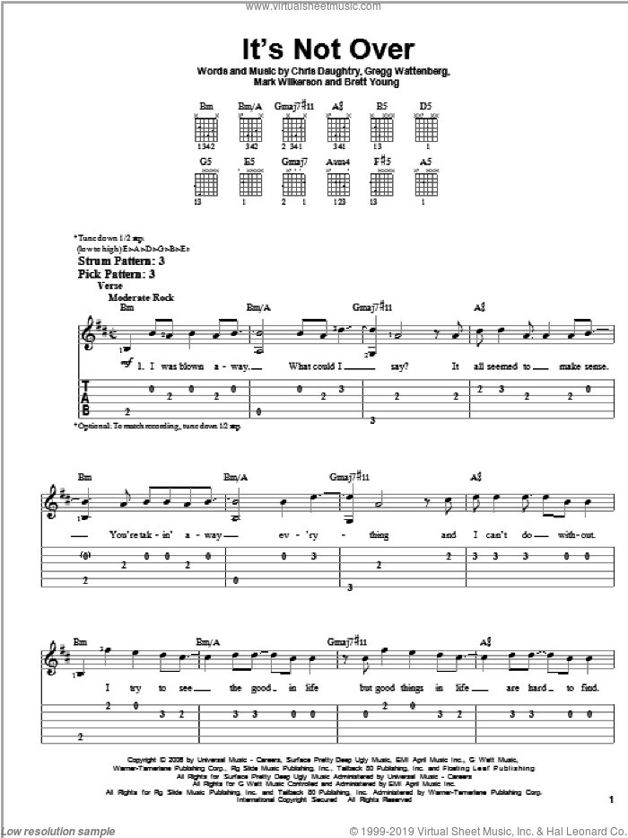 It's Not Over sheet music for guitar solo (easy tablature) by Daughtry, Brett Young, Chris Daughtry, Gregg Wattenberg and Mark Wilkerson, easy guitar (easy tablature)