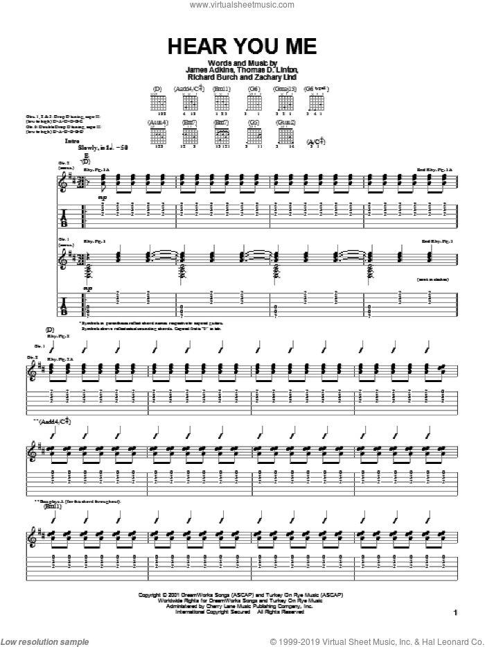 Hear You Me sheet music for guitar (tablature) by Jimmy Eat World, James Adkins, Richard Burch and Thomas D. Linton, intermediate skill level