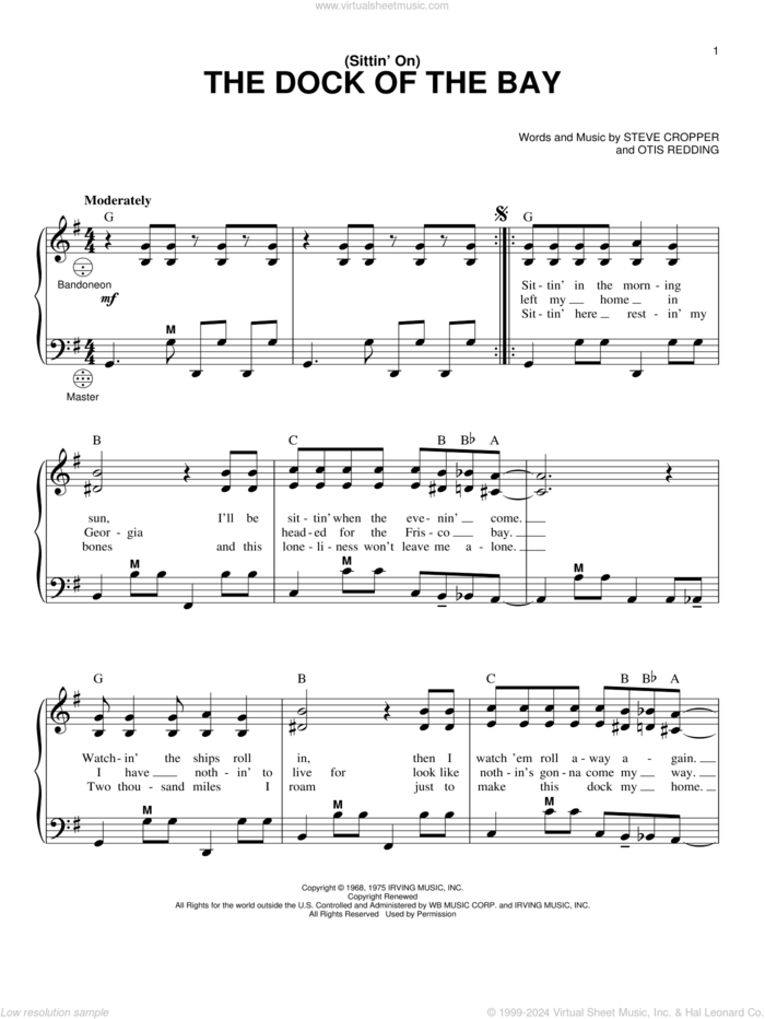 (Sittin' On) The Dock Of The Bay sheet music for accordion by Otis Redding and Steve Cropper, intermediate skill level