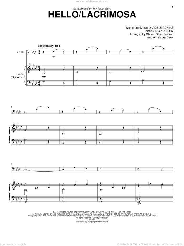 Hello/Lacrimosa sheet music for cello and piano by The Piano Guys, Adele, Adele Adkins and Greg Kurstin, intermediate skill level
