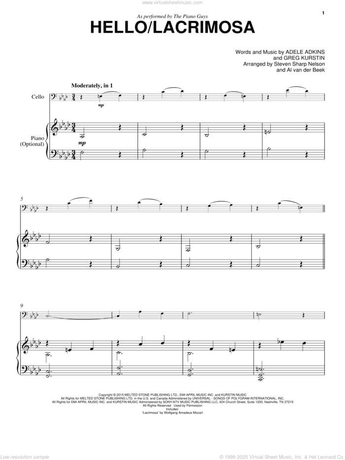 Hello/Lacrimosa sheet music for cello and piano by The Piano Guys, Adele, Adele Adkins and Greg Kurstin, intermediate skill level