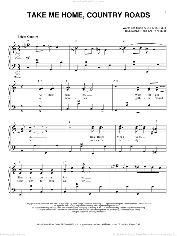 Take Me Home, Country Roads sheet music for accordion by John Denver, Bill Danoff and Taffy Nivert, intermediate skill level