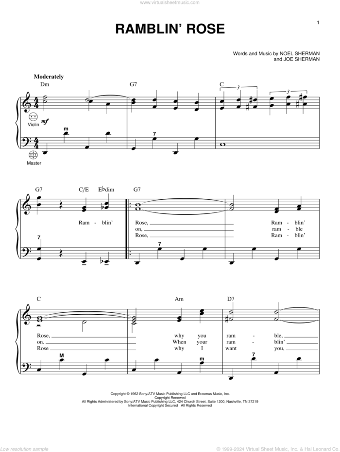 Ramblin' Rose sheet music for accordion by Nat King Cole, Joe Sherman and Noel Sherman, intermediate skill level