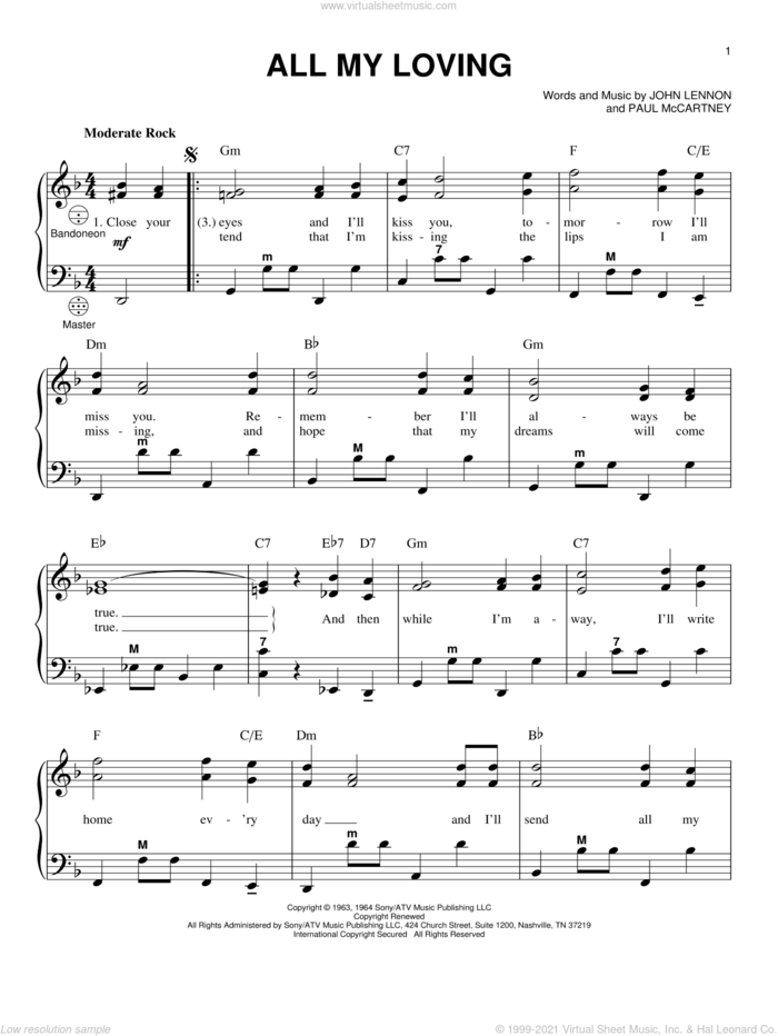 All My Loving sheet music for accordion by The Beatles, John Lennon and Paul McCartney, intermediate skill level