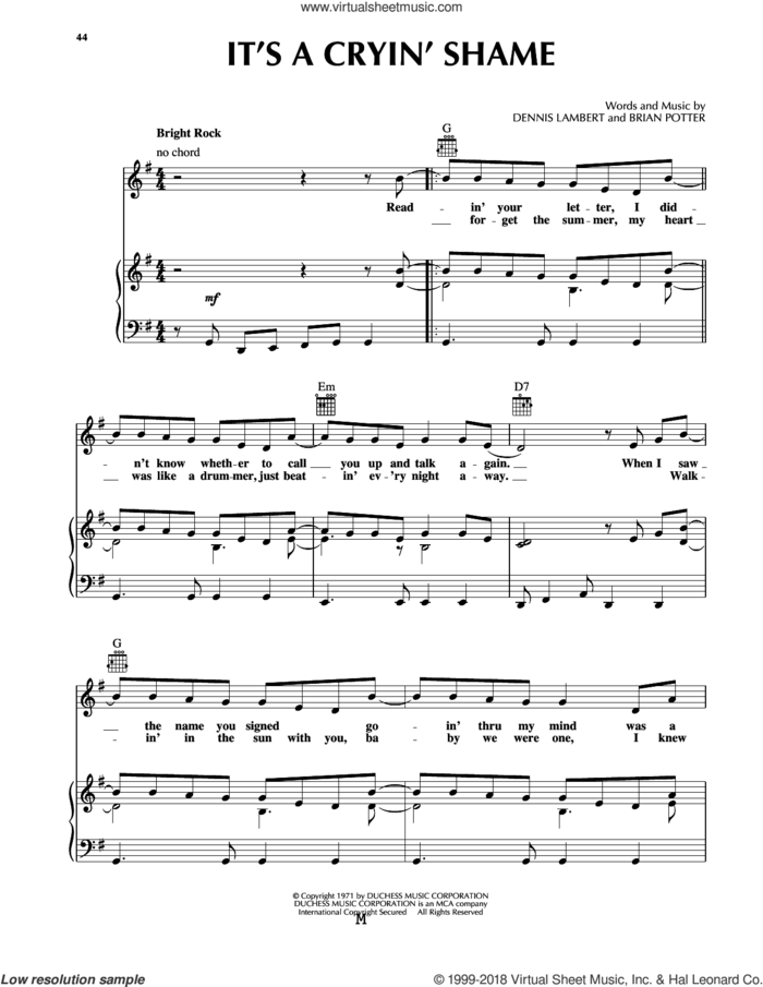 It's A Cryin' Shame sheet music for voice, piano or guitar by Gayle McCormick, Brian Potter and Dennis Lambert, intermediate skill level