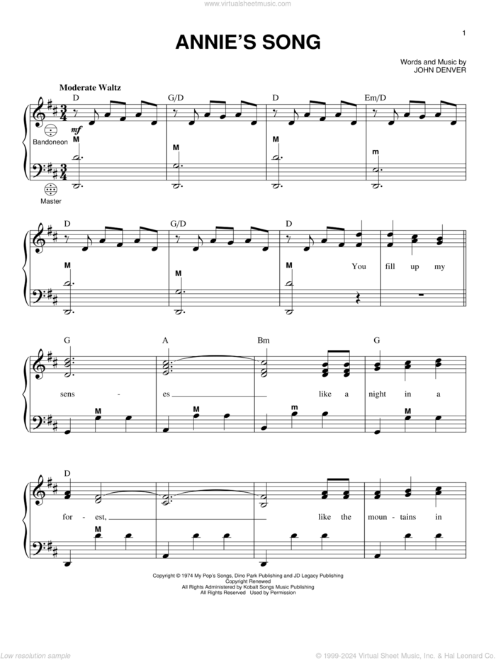 Annie's Song sheet music for accordion by John Denver, intermediate skill level