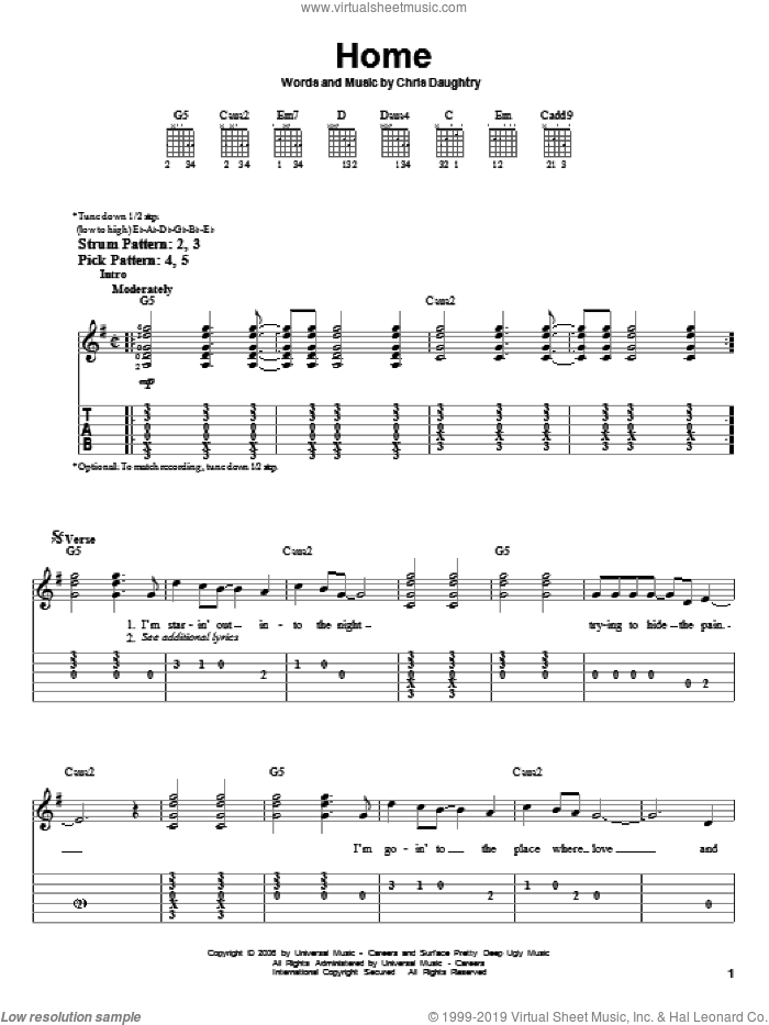 Home sheet music for guitar solo (easy tablature) by Daughtry and Chris Daughtry, easy guitar (easy tablature)