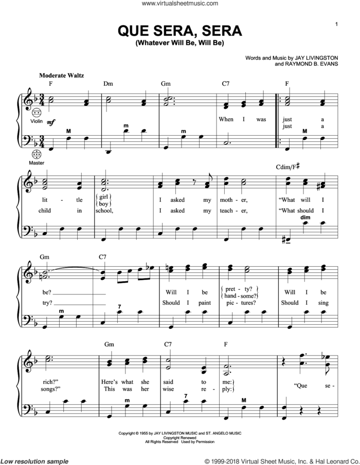 Que Sera, Sera (Whatever Will Be, Will Be) sheet music for accordion by Doris Day, Jay Livingston and Raymond B. Evans, intermediate skill level