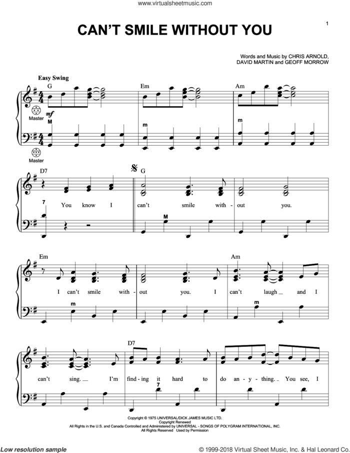 Can't Smile Without You sheet music for accordion by Barry Manilow, Chris Arnold, David Martin and Geoff Morrow, intermediate skill level