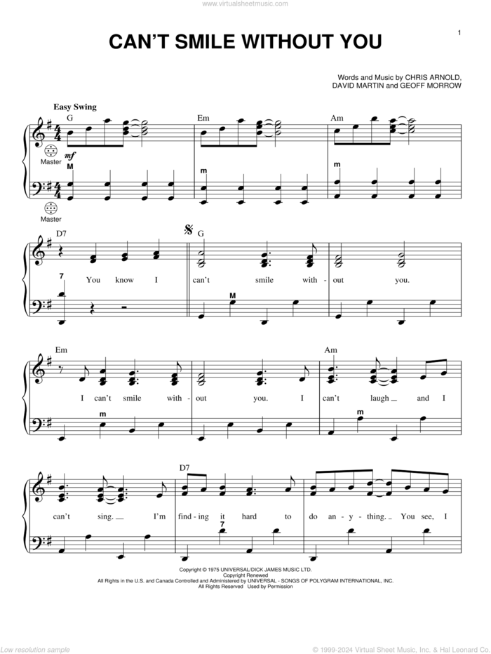 Can't Smile Without You sheet music for accordion by Barry Manilow, Chris Arnold, David Martin and Geoff Morrow, intermediate skill level