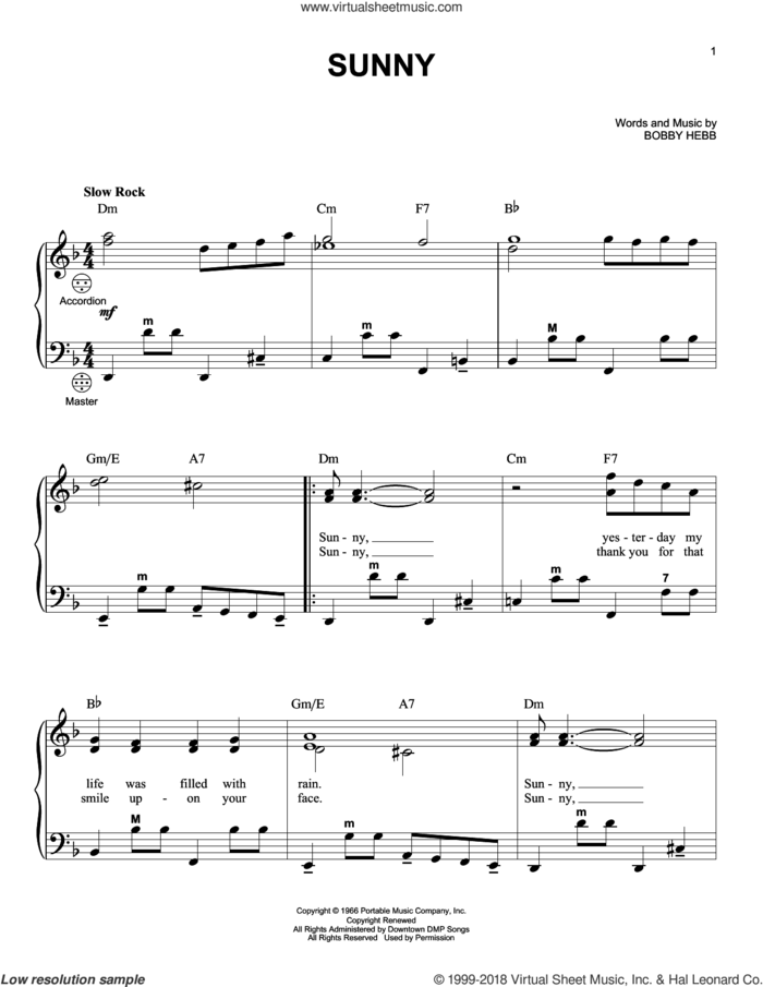 Sunny sheet music for accordion by Pat Martino and Bobby Hebb, intermediate skill level