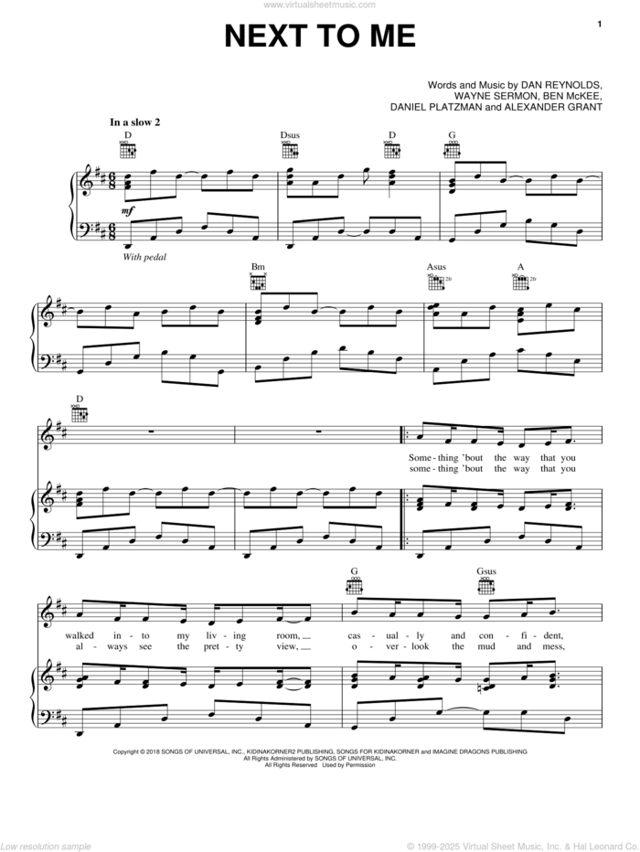 Next To Me sheet music for voice, piano or guitar by Imagine Dragons, Alexander Grant, Ben McKee, Dan Reynolds, Daniel Platzman and Wayne Sermon, intermediate skill level