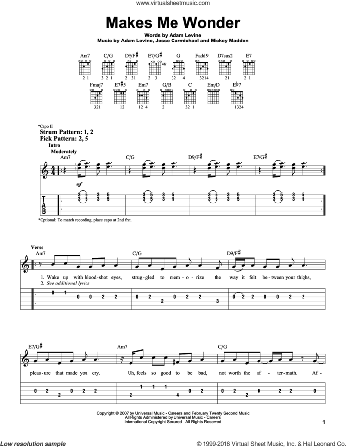 Makes Me Wonder sheet music for guitar solo (easy tablature) by Maroon 5, Adam Levine, Jesse Carmichael and Michael Madden, easy guitar (easy tablature)