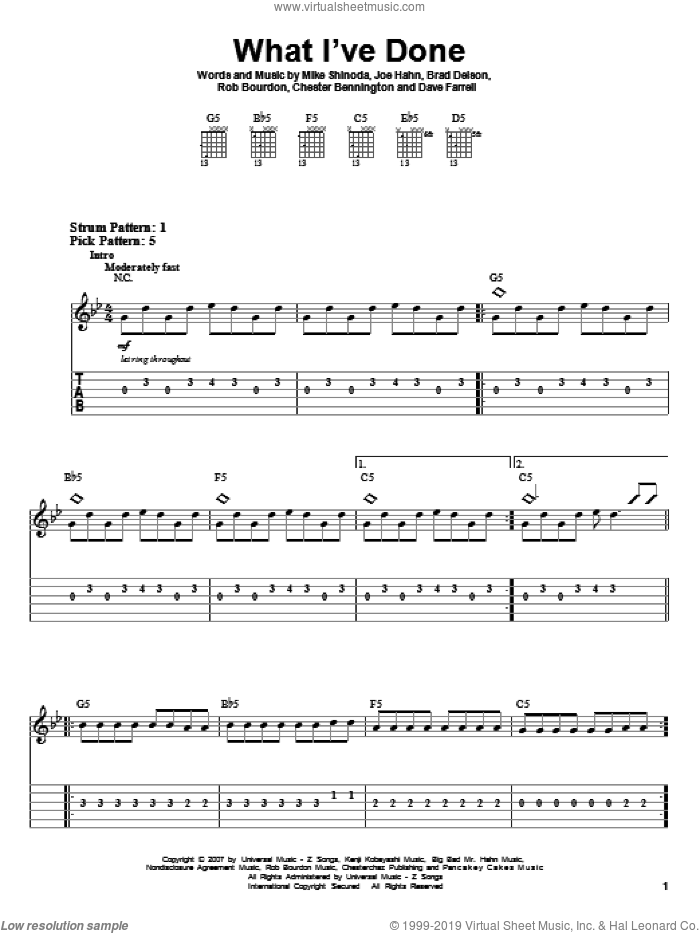What I've Done sheet music for guitar solo (easy tablature) by Linkin Park, Brad Delson, Chester Bennington, Dave Farrell, Joe Hahn, Mike Shinoda and Rob Bourdon, easy guitar (easy tablature)
