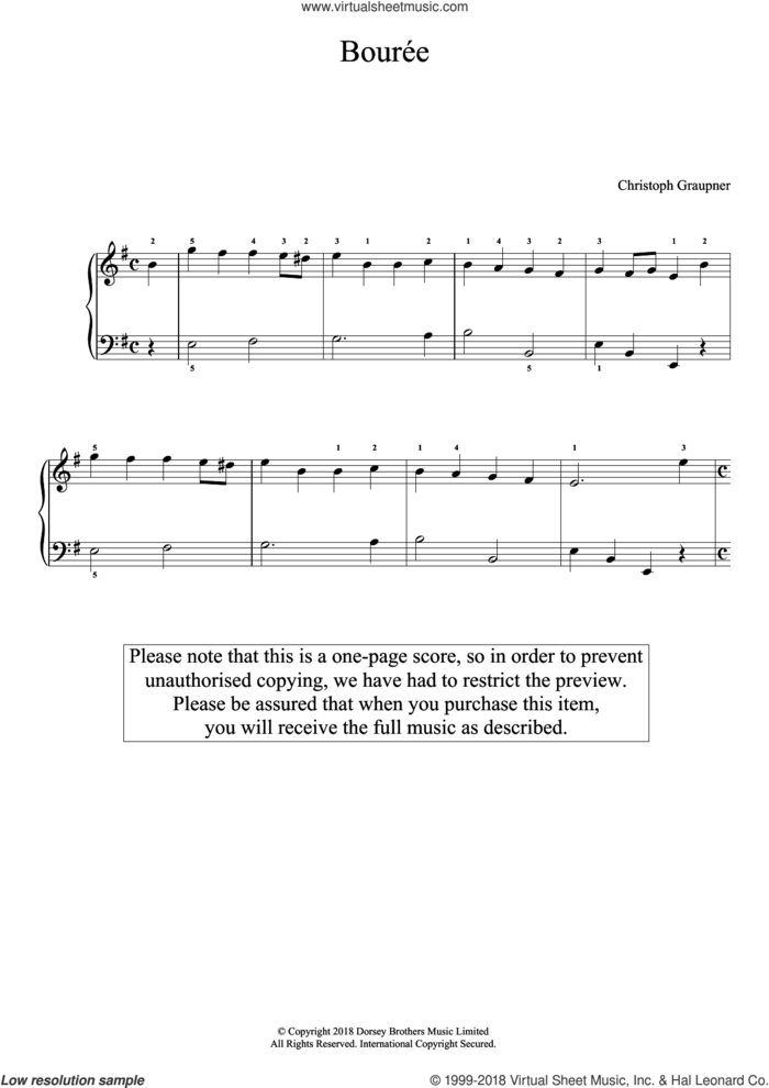 Bourree sheet music for piano solo by Christoph Graupner, classical score, intermediate skill level