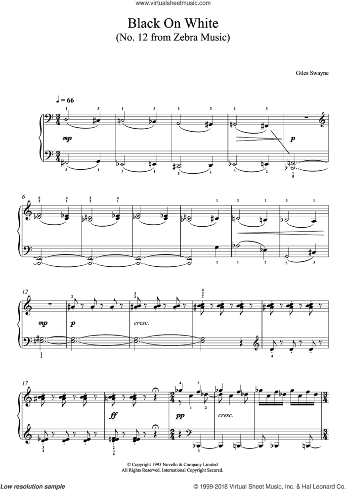 Black On White (No. 12 from Zebra Music) sheet music for piano solo by Giles Swayne, classical score, intermediate skill level