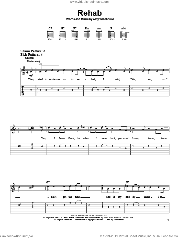 Rehab sheet music for guitar solo (easy tablature) by Amy Winehouse and Miscellaneous, easy guitar (easy tablature)