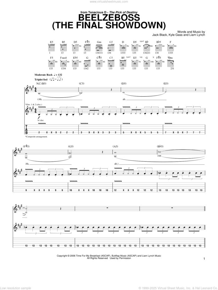 Beelzeboss (The Final Showdown) sheet music for guitar (tablature) by Tenacious D, Jack Black, Kyle Gass and Liam Lynch, intermediate skill level