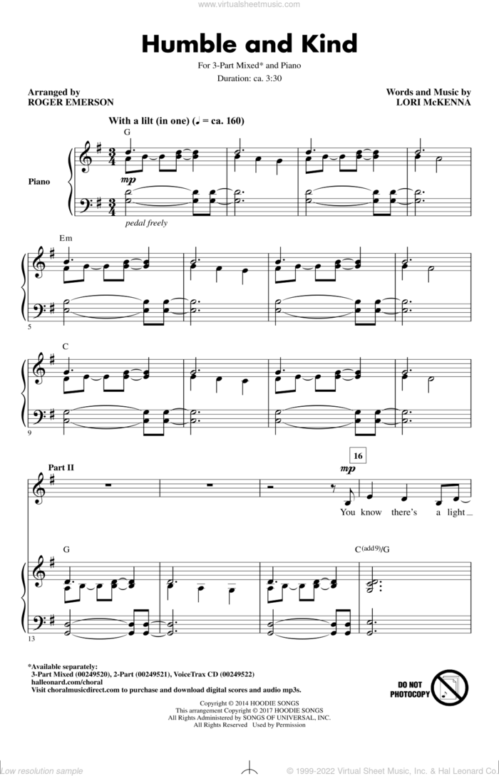 Humble And Kind sheet music for choir (3-Part Mixed) by Roger Emerson, Tim McGraw and Lori McKenna, intermediate skill level