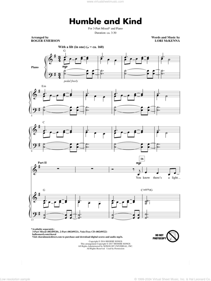 Humble And Kind sheet music for choir (3-Part Mixed) by Roger Emerson, Tim McGraw and Lori McKenna, intermediate skill level