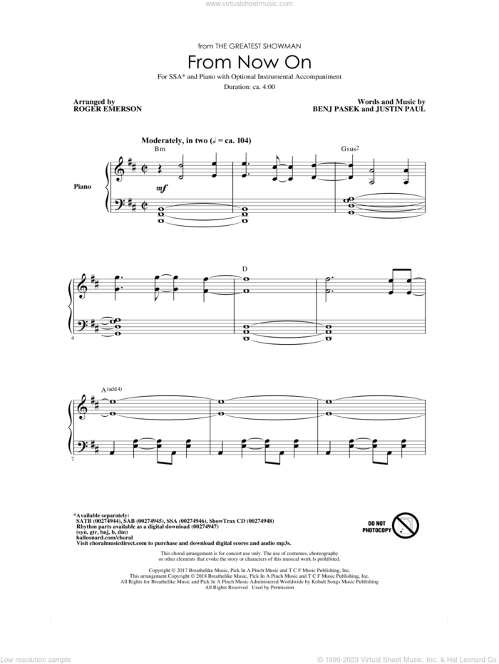 From Now On (from The Greatest Showman) (arr. Roger Emerson) sheet music for choir (SSA: soprano, alto) by Benj Pasek, Roger Emerson, Justin Paul and Pasek & Paul, intermediate skill level