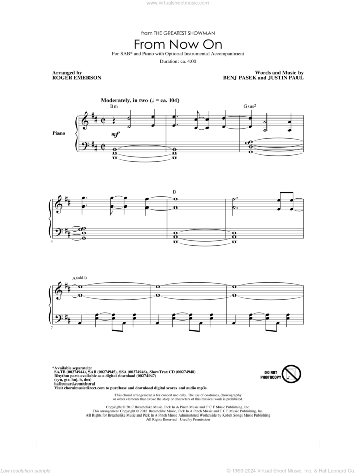 From Now On (from The Greatest Showman) (arr. Roger Emerson) sheet music for choir (SAB: soprano, alto, bass) by Benj Pasek, Roger Emerson, Justin Paul and Pasek & Paul, intermediate skill level